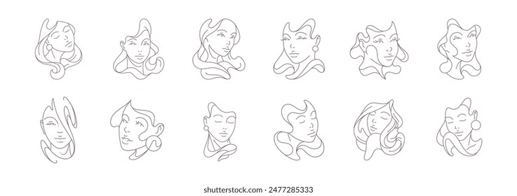 Set hand drawn abstract minimalistic woman portrait continuous line art vector illustration. Modern artwork elegant female beauty silhouette fashion simplicity design isolated on white