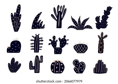 Set of hand drawn abstract modern dark blue cactuses, exotic plants isolated on white background.