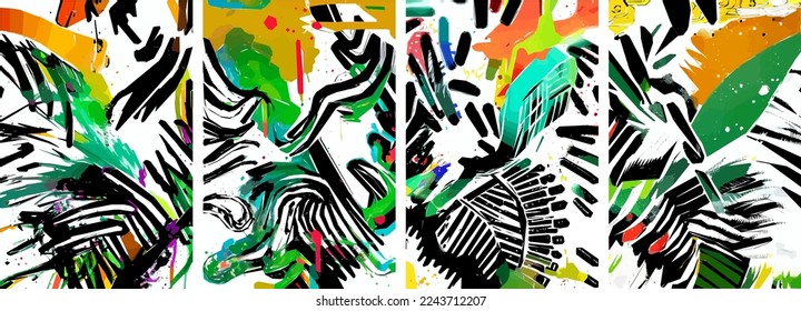 Set of hand drawn abstract nature background. vector colorful watercolor ink doodle tropical leaves flowers, splatters and shapes, background for paper, cover, fabric, interior decor.