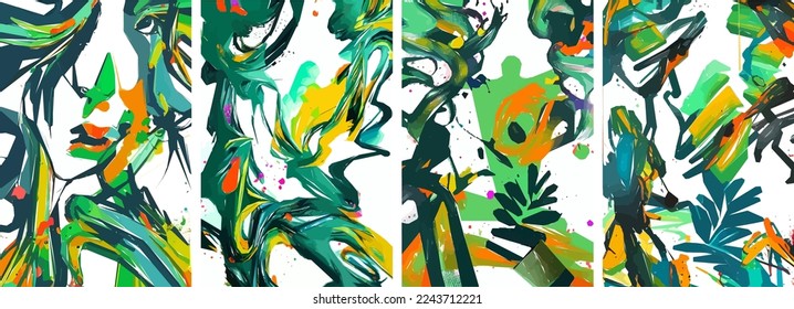 Conjunto de fondo de naturaleza abstracta dibujado a mano. colorido vectorial color de agua doodle hojas tropicales flores, salpicaduras y formas, fondo para papel, cubierta, tela, decoración interior.