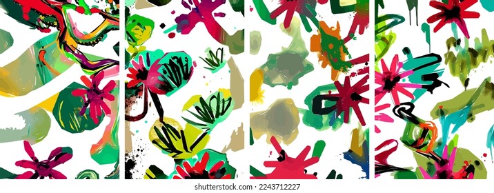 Set of hand drawn abstract nature background. vector colorful watercolor ink doodle tropical leaves flowers, splatters and shapes, background for paper, cover, fabric, interior decor.