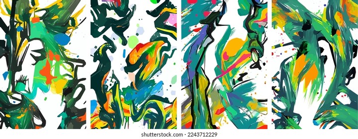 Set of hand drawn abstract nature background. vector colorful watercolor ink doodle tropical leaves flowers, splatters and shapes, background for paper, cover, fabric, interior decor.