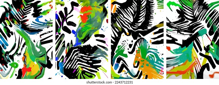 Set of hand drawn abstract nature background. vector colorful watercolor ink doodle tropical leaves flowers, splatters and shapes, background for paper, cover, fabric, interior decor.