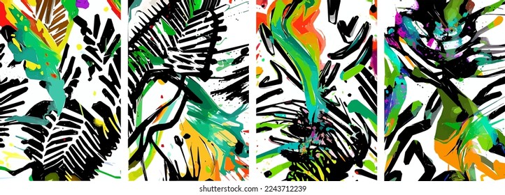 Set of hand drawn abstract nature background. vector colorful watercolor ink doodle tropical leaves flowers, splatters and shapes, background for paper, cover, fabric, interior decor.