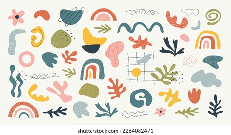 Conjunto de formas orgánicas y objetos de doodle dibujados a mano de naturaleza abstracta. Resumen de la moderna y moderna ilustración vectorial. Estética Matisse.