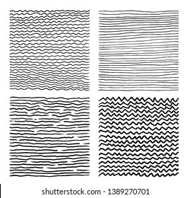 Set of Hand drawn abstract pattern with hand drawn lines, strokes. Grunge brushes, wavy stripes. Grid black and white texture. Vector ink grunge brush. Isolated on white background.