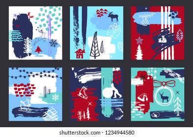 set of hand drawn abstract quirky Christmas, winter time paint brush art strokes textures and outlined, silhouettes elements collage cards