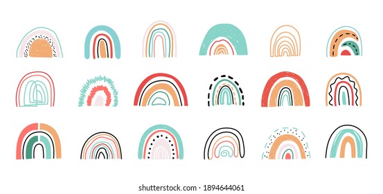 Set of hand drawn abstract rainbows for nursery, prints, cards, textile, invitations, baby shower or Birthday party. Cute rainbow set in bohemian style on white background. Printable Vector illustration