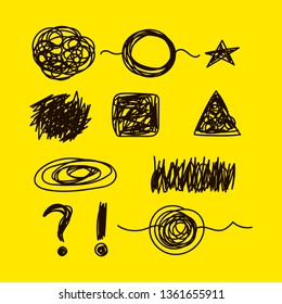 Set of hand drawn abstract scrawl,  doodles sketches collection, tangled ball of threads, triangle, circle, square, star. Vector illustration