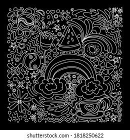 Set of hand drawn abstract scribble doodle sketch style elements clip art. Funny black and white vector stock illustration of doodle background isolated on black.