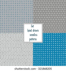 A set of hand drawn abstract seamless patterns. Tiling repeat backgrounds collection in blue and grey color.