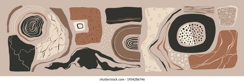 Set of hand drawn abstract shapes, geometric elements in modern contemporary minimalist collage style. Ink, marble, stone crackels.  