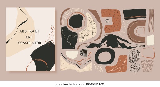 Set of hand drawn abstract shapes, geometric elements in modern contemporary minimalist collage style. Ink, marble, stone crack.  