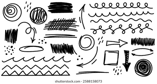 Set of hand drawn abstract shapes. Square, spiral, arrow element shape scribble line brush hand drawn sketch design. Ink or charcoal graphic elements