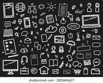 Set of hand drawn abstract signs and symbols. Freehand black elements on white. Education concept