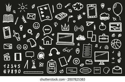 Set of hand drawn abstract signs and symbols. Freehand black elements on white. Education concept