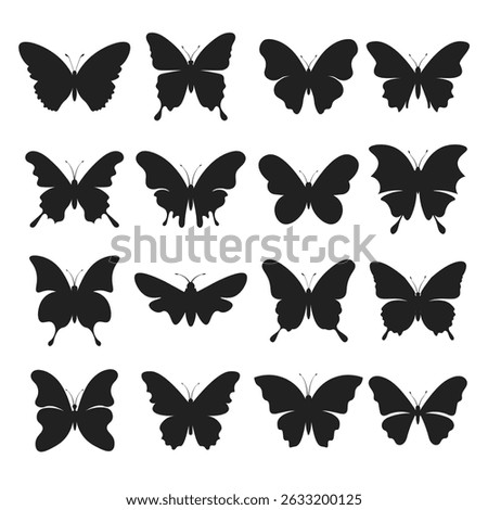 Set of hand drawn abstract silhouette butterflies cartoon collection.clip art black butterfly varied shapes on white background