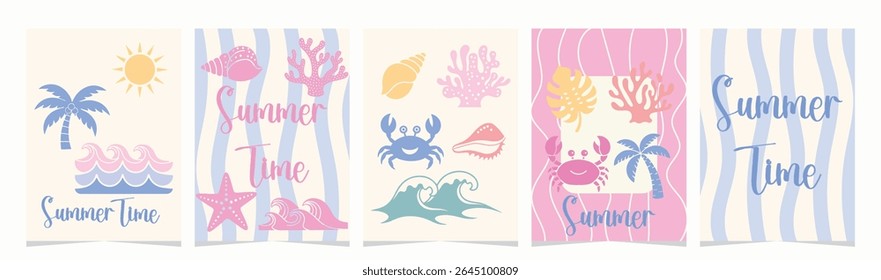 Set of Hand Drawn Abstract Summer Posters in Naive Doodle Style Featuring Sea Elements, Waves, Crabs, Shells, Palm Trees, and Typography for Beach Vacation Design and Wall Art