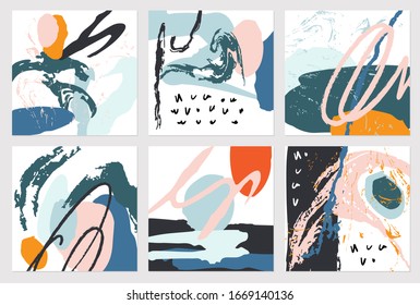 Set of hand drawn abstract template. Set of cards with colorful textures for your design, logo, postcard, invitation, save the date, business card. Vector.