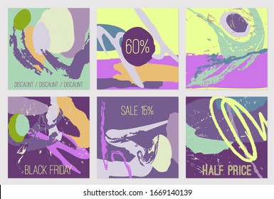 Set of hand drawn abstract template. Set of cards with colorful textures for your design, logo, postcard, invitation, save the date, business card. Vector.