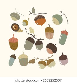 Set com bolotas desenhadas à mão diferentes cores e tamanhos. Ilustração de queda de vetor.