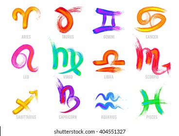 Set of hand drawn acrylic brush zodiac signs. Vector illustration EPS 10