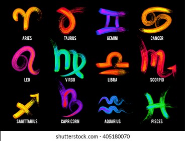 Set of hand drawn acrylic brush zodiac signs. Vector illustration EPS 10