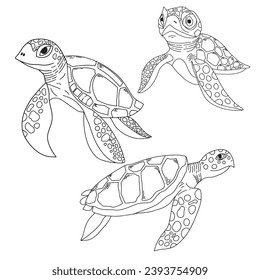 Set of hand drawn adorable green sea turtle cartoon cute animal