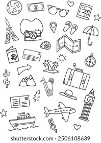 A set of hand drawn adventure travel icon vector art line art illustration 