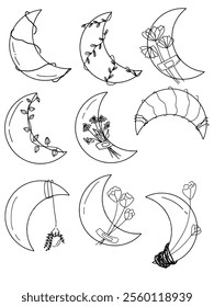 set of hand drawn aesthetic moon line art. set of hand drawn moon for sticker, element, diary, tattoo design, logo, wedding invitation, greeting card Simple Flower, print.