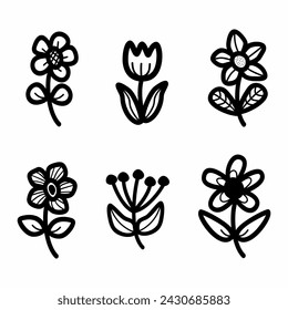Set of hand drawn aesthetic stalk flower black and white vector decorative