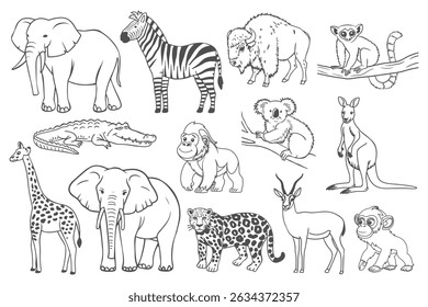 Set of hand drawn african wild animals. Set of tropical animals. Outline sketch illustration.