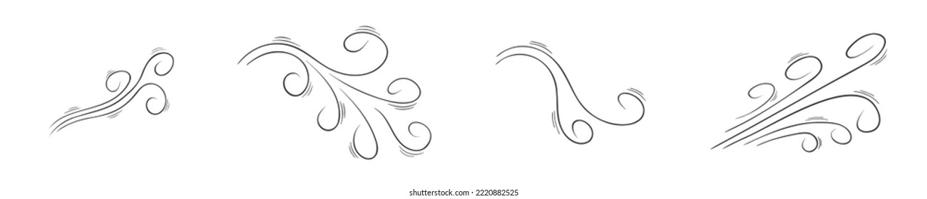 Set of hand drawn air flow icons. Doodle wind blow effects collection. Swirl, gust, smoke, dust sketches isolated on white background. Vector outline illustration.