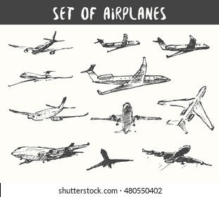 Set of hand drawn airplanes, vector illustration