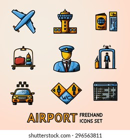Set of hand drawn AIRPORT icons with - airplane, airport, passport and ticket, luggage, pilot,gates, taxi, toilet icons, scoreboard. vector