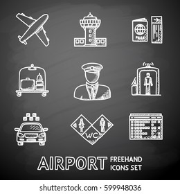 Set of hand drawn AIRPORT icons with - airplane, airport, passport and ticket, luggage, pilot,gates, taxi, toilet icons, scoreboard. vector