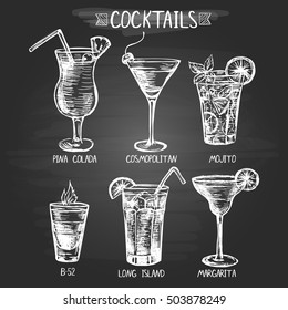 Set of hand drawn alcohol cocktails on the chalkboard