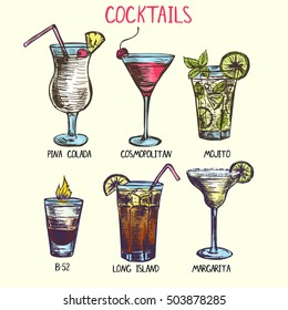 Set of hand drawn alcohol cocktails in color 