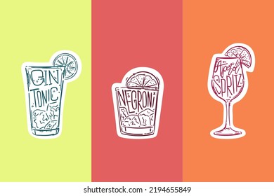 Set of Hand Drawn Alcohol Drinks on Color Backgrounds, Aperol Spritz, Negroni And Gin Tonic. Drawing of a Summer Cocktails on Bright Orange, Yellow and Red Background. Speakeasy Classic Bar Cocktails.