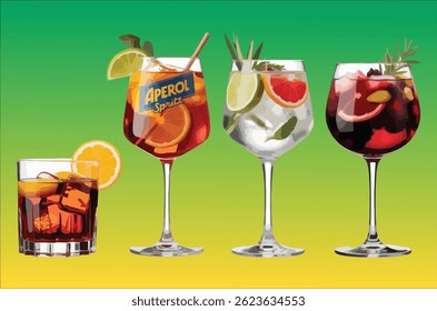Set of Hand Drawn Alcohol Drinks on Color Backgrounds