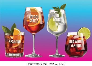 Set of Hand Drawn Alcohol Drinks on Color Backgrounds