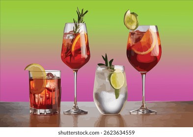 Set of Hand Drawn Alcohol Drinks on Color Backgrounds