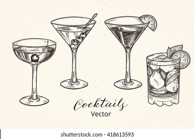 Set of hand drawn alcoholic cocktails, vector illustration. Manhattan, martini, cosmopolitan, mojito.