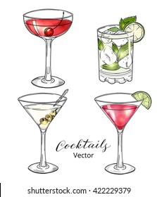 Set of hand drawn alcoholic cocktails isolated on white. Manhattan, martini, cosmopolitan, mojito. Eps 10 vector illustration.