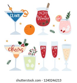 Set of hand drawn alcoholic drinks, cocktails with lettering quotes. Happy New Year celebration concept. Isolated vector icons. Flat design.