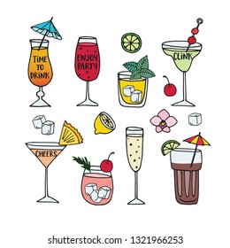 Set of hand drawn alcoholic drinks, cocktails with lettering quotes. Summer holiday and beach party concept. Isolated vector icons.