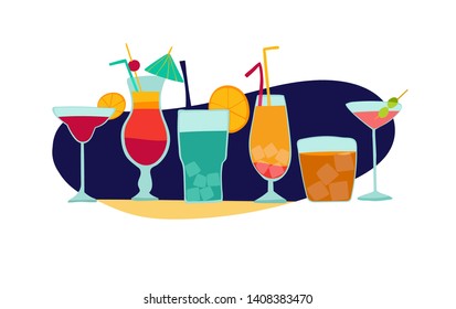 Set of hand drawn alcoholic drinks, cocktails . Summer holiday and beach party concept. 