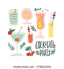 Set of hand drawn alcoholic drinks, cocktails. Summer holiday and beach party concept. Isolated vector icons. Scandinavian nordic design for bar or interior or cover or textile or background.