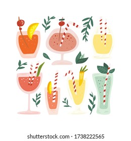 Handgezogene alkoholische Getränke, Cocktails. Sommerurlaub und Beach Party Konzept. Isolierte Vektorsymbole. Skandinavisches nordisches Design für Bar, Innen- oder Decken oder Textil oder Hintergrund.