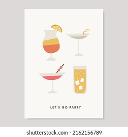 Set of hand drawn alcoholic drinks, cocktails with ice cubes, bubbles and fruit. Summer holiday and beach party, anniversary concept. Isolated vector icons. Birthday greeting card, invitation.